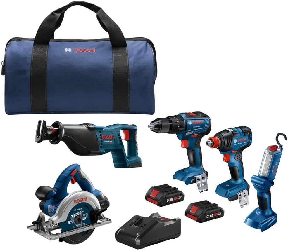 BOSCH GXL18V-501B25 18V 5-Tool Combo Kit with 2-In-1 Bit/Socket Impact Driver/Wrench, 1/2 In. Hammer Drill/Driver, Reciprocating Saw, Circular Saw, LED Worklight and (2) CORE18V 4 Ah Compact Batteries