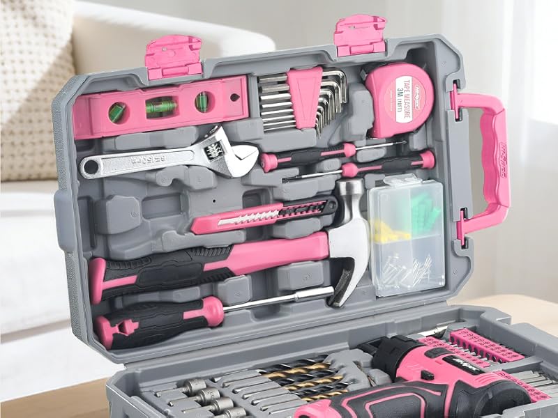 Hi-Spec 8V USB Pink Drill Driver and Home Tool Kit