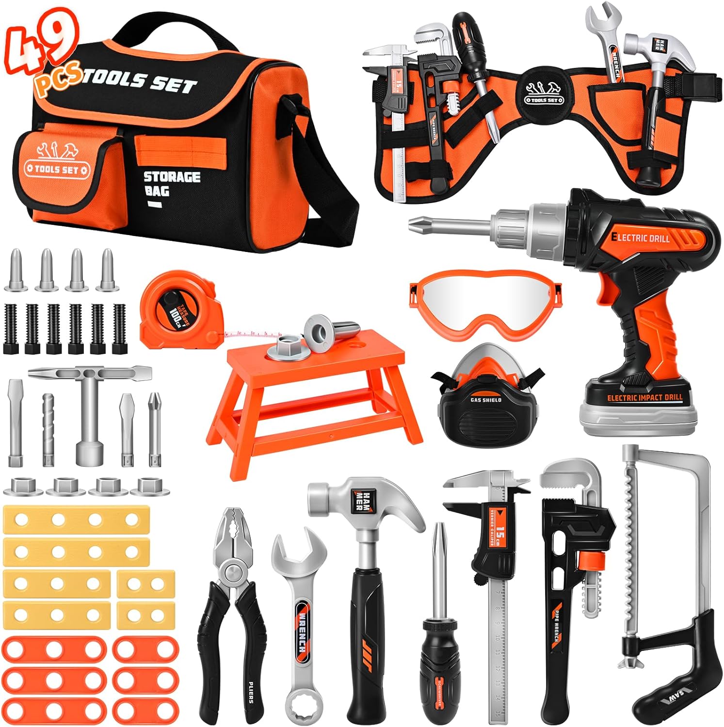 Toddler Tool Set & Kids Tool Set 49 PCS with Electric Drill, Portable Storage Bag & Adjustable Belt - Construction Toys for Ages 3-8, STEM Learning Gift for Boys and Girls