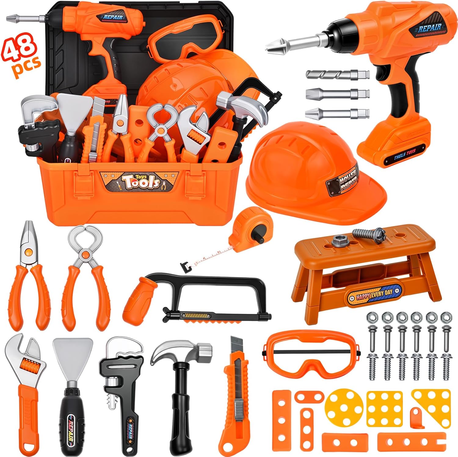 Realistic Kids Drill Tool Set with 48PCS Tools & Sound Effects, Portable Construction Toy for Toddlers Ages 3+ with Safety Gear, STEM Learning Pretend Play for Family Bonding Activities