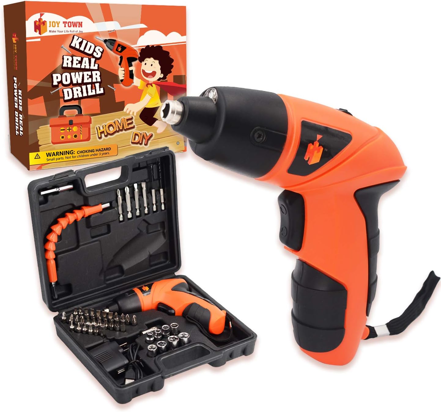 JoyTown Kids Real Power Drill Set – Electric Cordless Drill Tool Kit for Children with Interchangeable Bits, Flexible Shaft, Rechargeable, Carrying Case, Learning Tools for Boys & Girls Home DIY