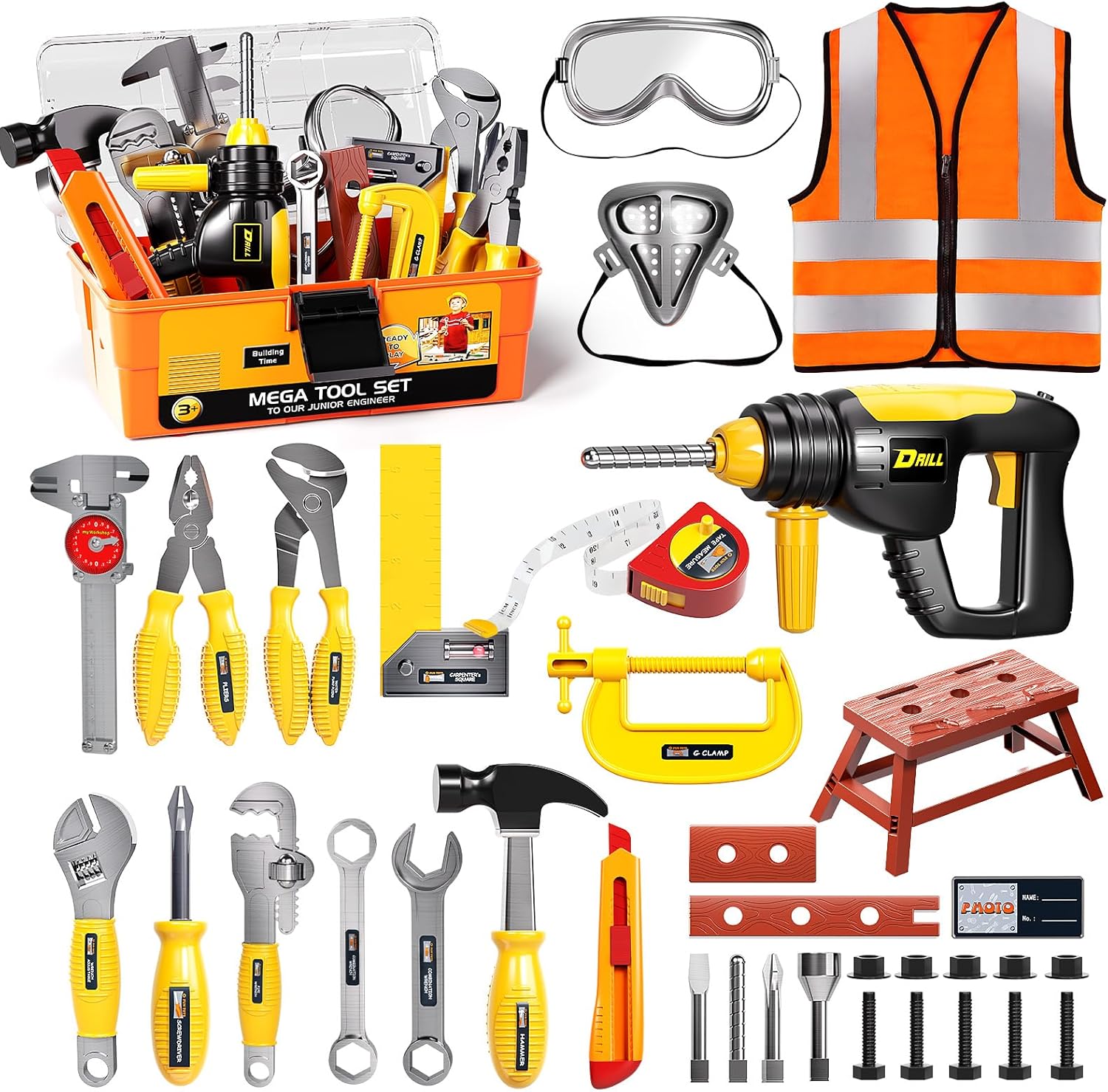 Deejoy Kids Tool Set with Electronic Toy Drill & Construction Vest - Pretend Play Toys for 3 4 5 6 Year Old Boys, ABS Plastic Repair Toolkit with Large Storage Box(Orange)