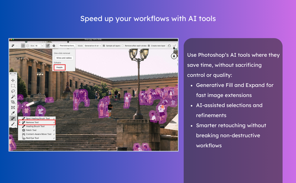 Use AI tools like Generative Fill and Smarter retouching to speed up your workflows