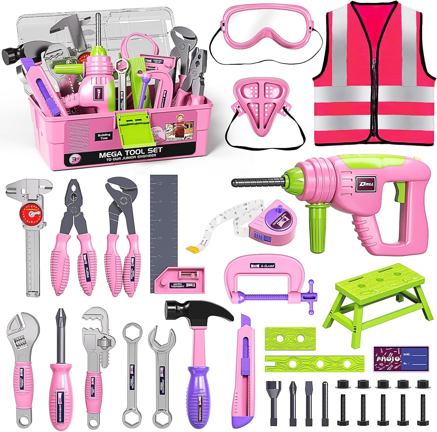 Deejoy Pink Kids Tool Set for Girls-Toddler Tool Set with Electronic Toy Drill & Tool Box, STEM Pretend Play Construction Toys with Costume Vest, Educational Gifts for Age 3 4 5 6 7 Year Old