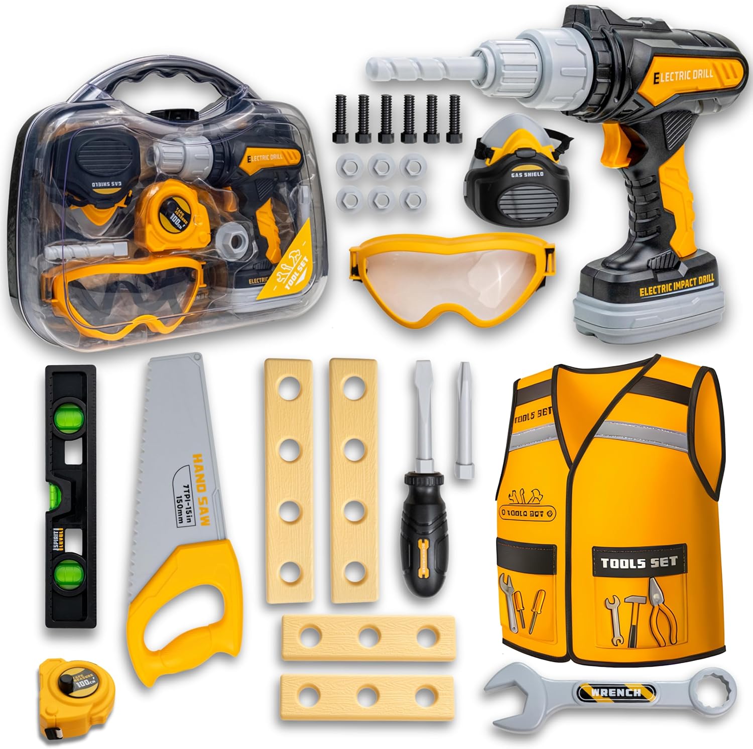 Kids Tool Set with Carrying Case, Electronic Toy Drill with Bits & Construction Vest – Pretend Play Kit with Safety Googles, Gas Shield, Tape Measure, Saw, Bubble Level, Screwdriver, Nuts & Bolts