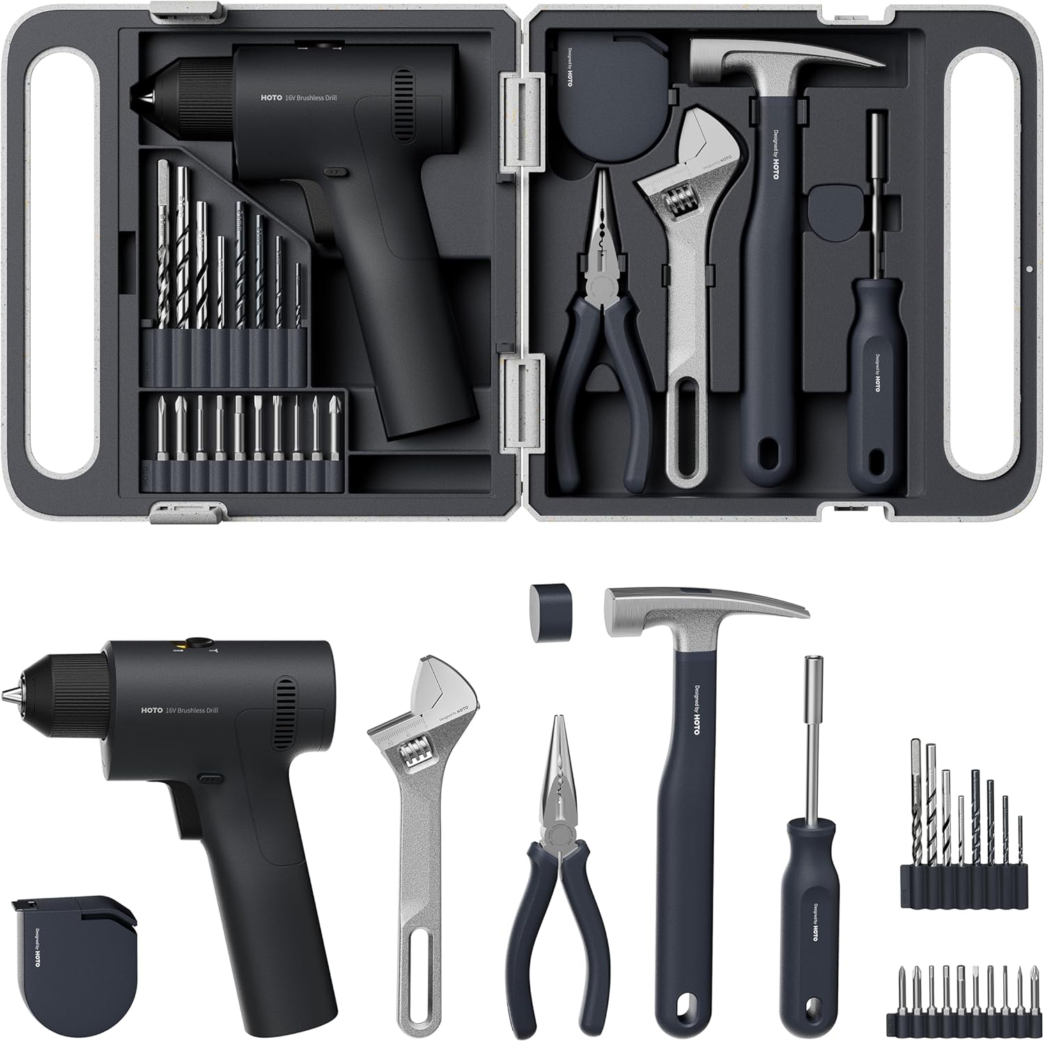 HOTO 25PCS Household Tool Kit with 16V Brushless Drill, 3/8” Keyless Chuck, Smart Display, 50 N·m Torque, 32 Torque Settings, LED Light, Includes Hammer, Wrench, Pliers, 8 x Drill Bits, 10 x Bits