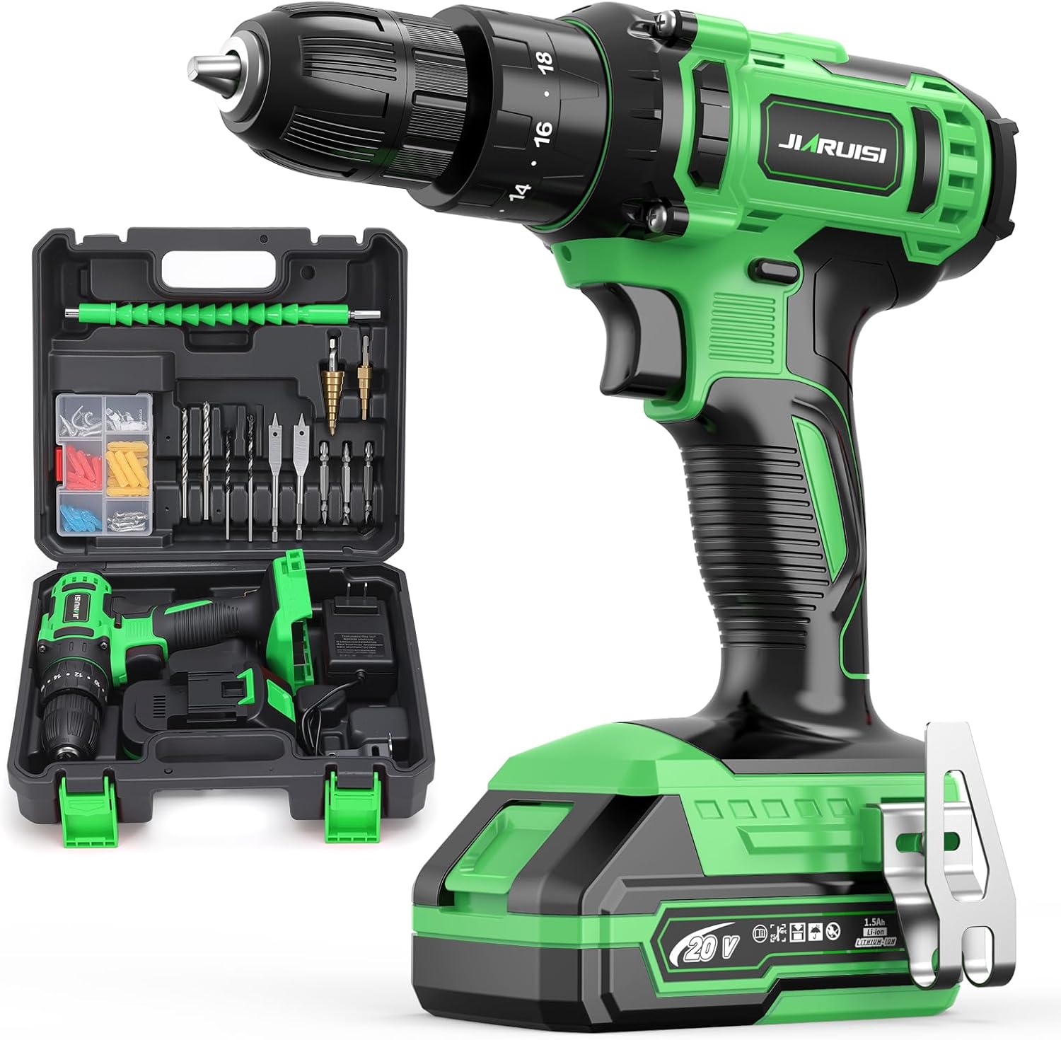 20V Cordless Drill, Electric Power Drill Set with Battery Charger and Carrying Case, 3/8” Keyless Chuck, 2 Variable Speed, 18+3 Torque, 72pcs Driver Bits and Belt Hook, Green