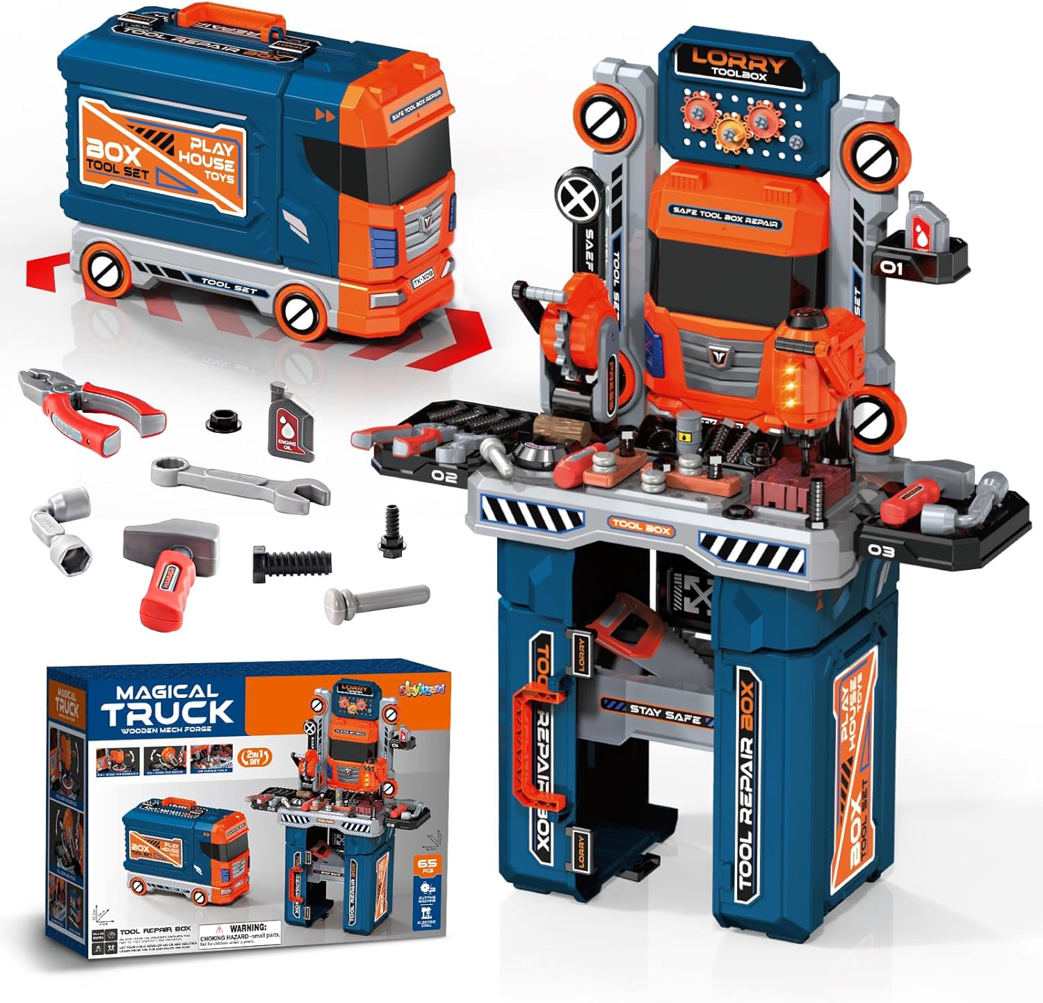 65 Pcs Kids Tool Set, 2-in-1 Kids Tool Box & Bench, Toddler Tool Set with Electric Drill and Power Miter Saw, Workbench for Boys Age 3 4 5 6 7 8 Year Old