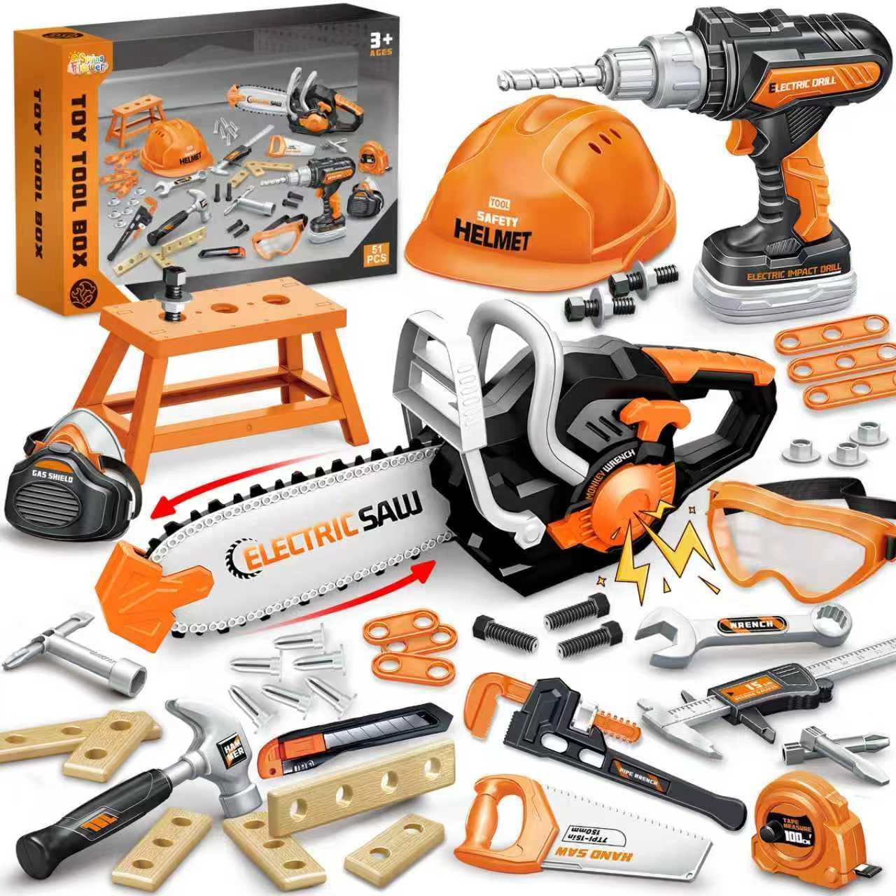 SpringFlower 51Pcs Kids Tool Set with Toy Chainsaw& Electronic Drill Toy, Toddler Tool Set, Construction Toys Tool for Kids age3,4,5,6,7,8, Tool Kit Toy for Christmas Birthday Gifts