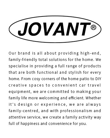 Black text 'JOVANT' in an oval outline, above a paragraph describing the brand's focus on family-friendly home solutions, ranging from patio items to DIY spaces and travel equipment.