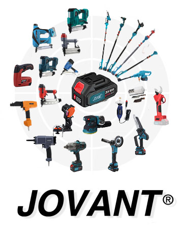 Assortment of power tools including drills, saws, nail guns, and battery packs. Tools feature blue, red, and orange colors. Brand name 'JOVANT' visible at bottom.