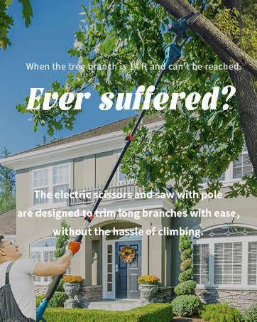 Telescoping tree pruning tool being used to reach high branches, shown against residential house exterior.