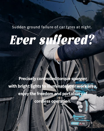 Cordless power tool being used on car tire at night, with bright LED lighting feature illuminating the work area.