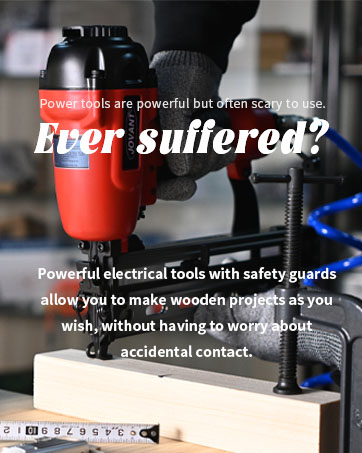 Red power tool with safety guard on workbench. Text overlay discusses safety features for wooden projects.