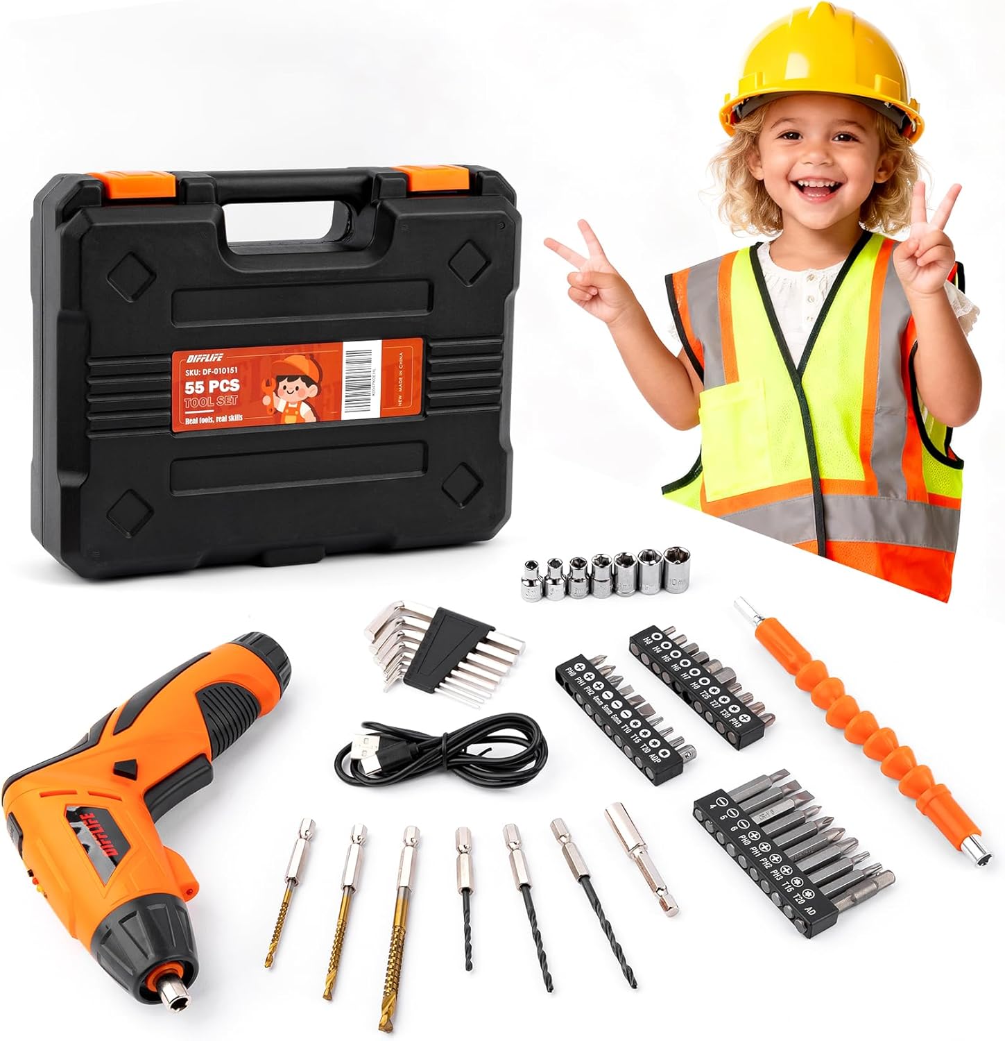 Tool Set Kids Real Hand Tool Box,55-Piece power-screwdrivers Tool Kit for Boys,Girls DIY Building and Woodworking, Tool Set-8 Age+