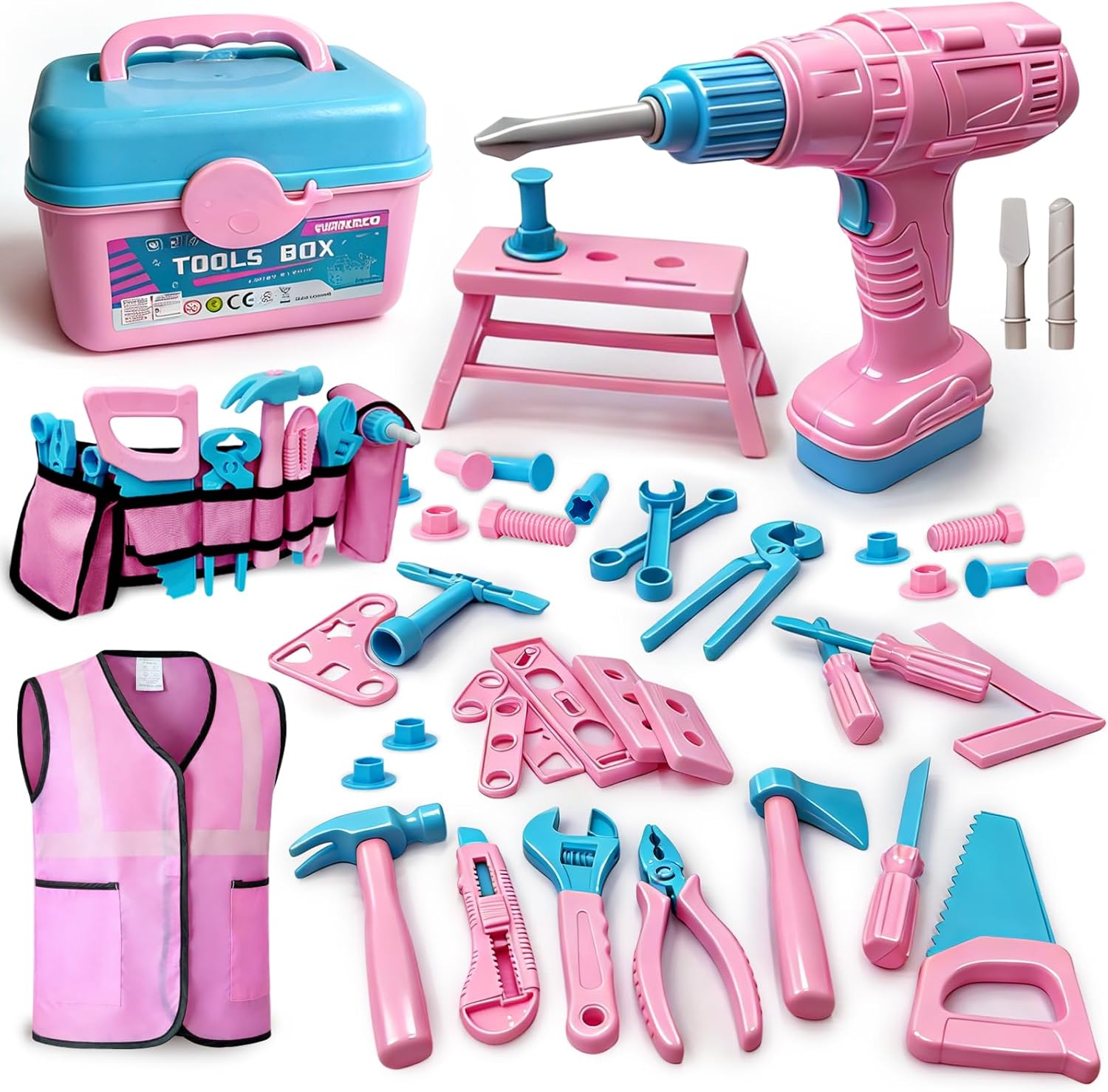 Kids Tool Set 55Pcs Tool Box Toddler Tool Kit for Girls Play Tools Toy with Tool Belt Electronic Toy Drill Safety Vest Pretend Play Construction Toy for Girls Boys Ages 3 4 5 6 7 Years Old