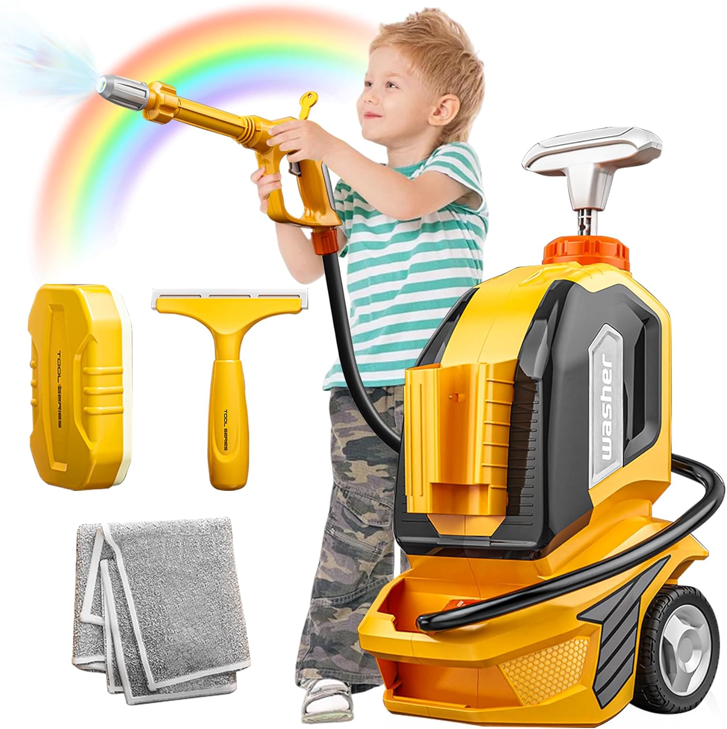 Car Wash Toys for Kids Ages 3-8, Manual Pressure Washer with 60oz Tank, Realistic Pretend Play Cleaning Set with Sponge & Towel, Outdoor Garden Water Toys Gift for Toddler Boys Girls