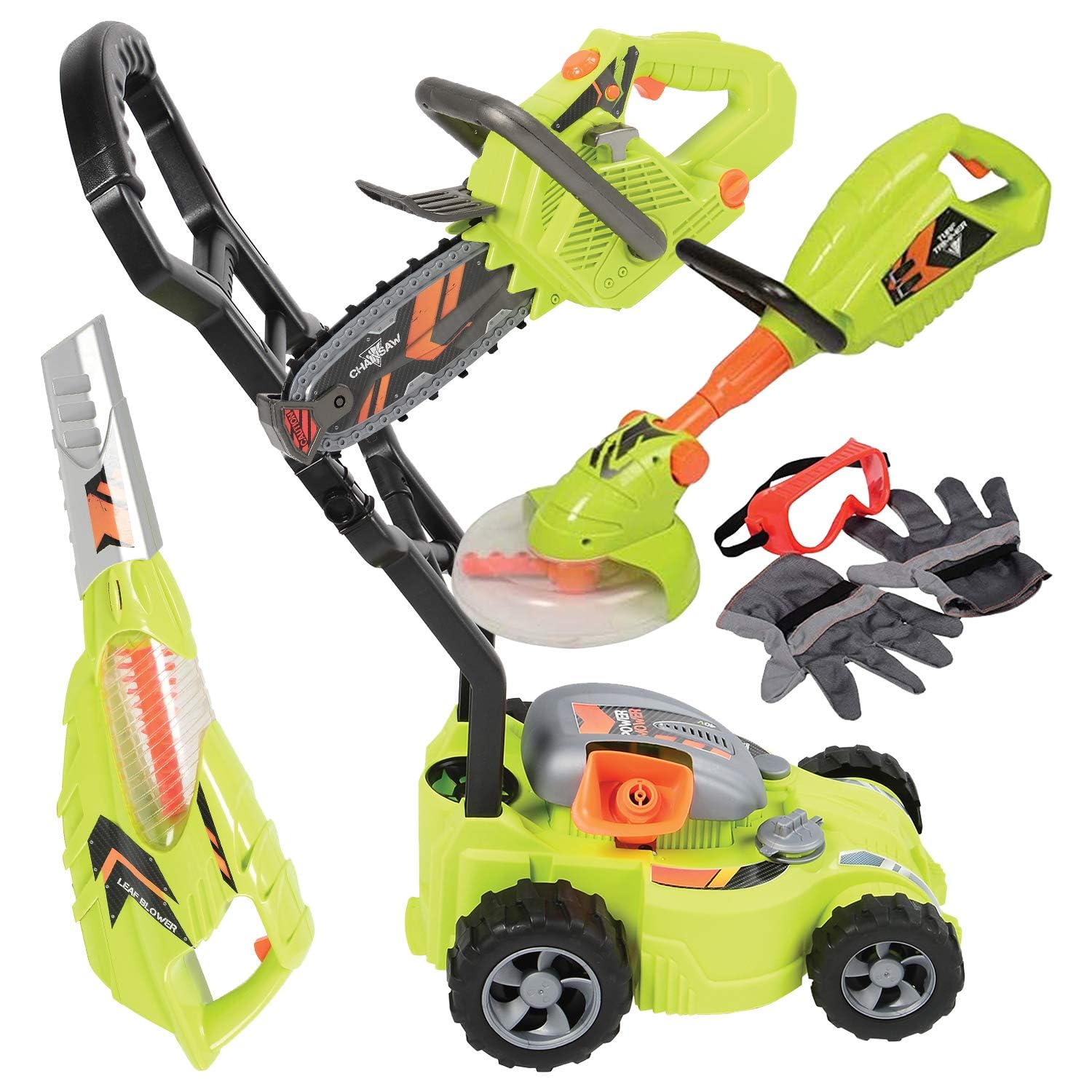 CP Toys 6-Piece Power Gardening Toy Set for Kids Ages 3+, Child Size Indoor/Outdoor Play Kids Tool Set with Leaf Blower, Chainsaw, Lawn Mower, and More, Green