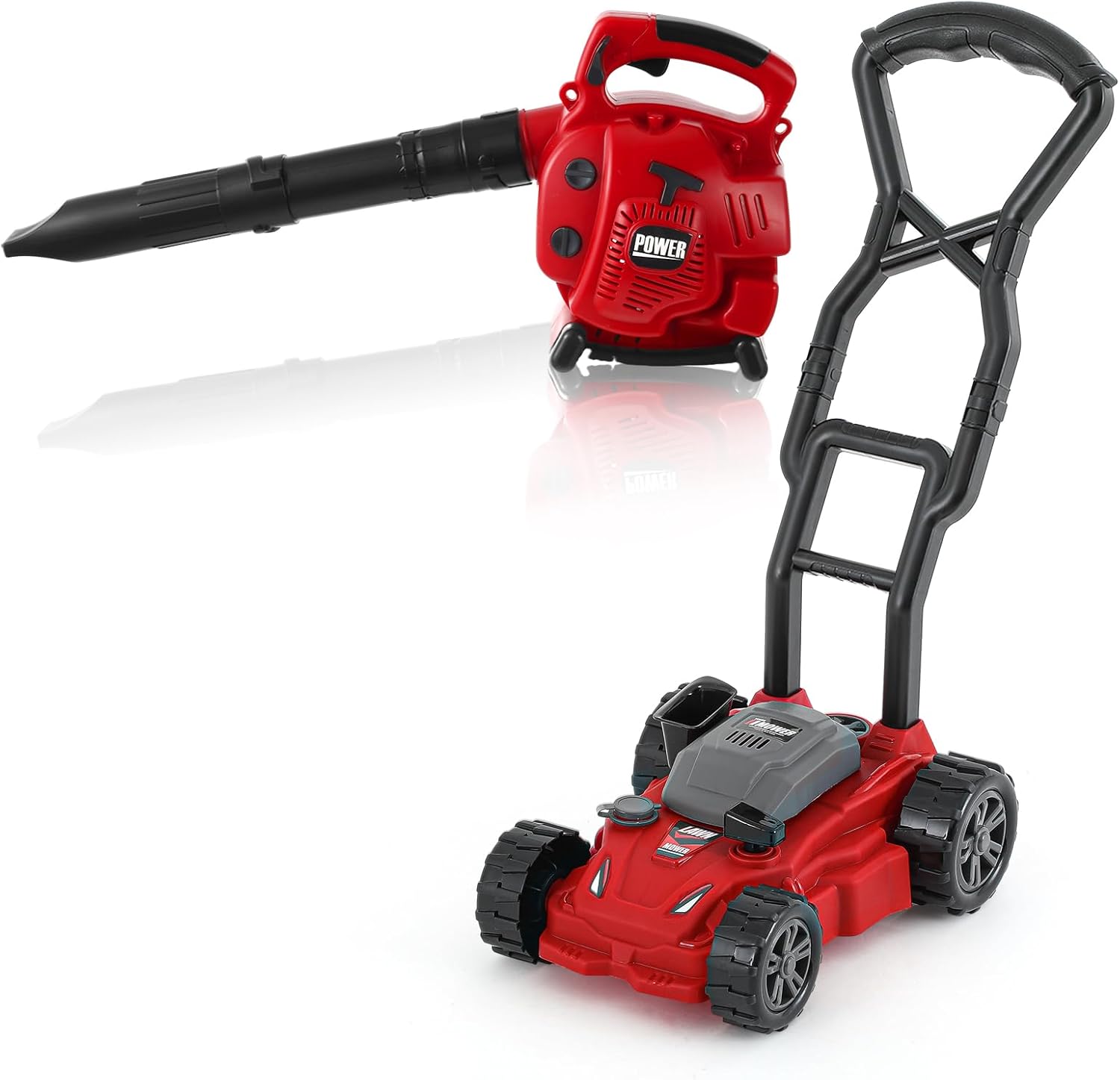 2 Pcs Toy Gardening Tool Set for Kids Leaf Blower Push Lawn Mower Battery Powered Gardening Tool Set with Lights and Sounds Christmas Birthday Gift for Boys Girls