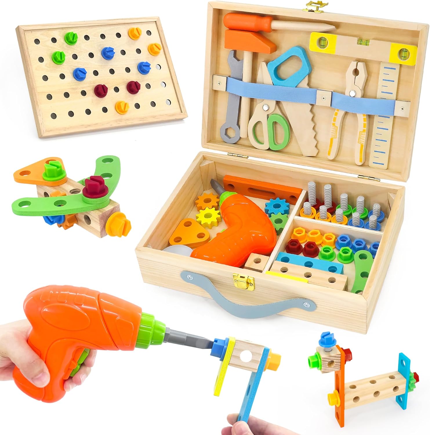 Kids Tool Set with Electric Drill, 55 Pcs Toddler Tool Set Incl Tool Box, Wooden Montessori Educational Construction Toy for Age 3+ Years Old Boys Girls Birthday Gift