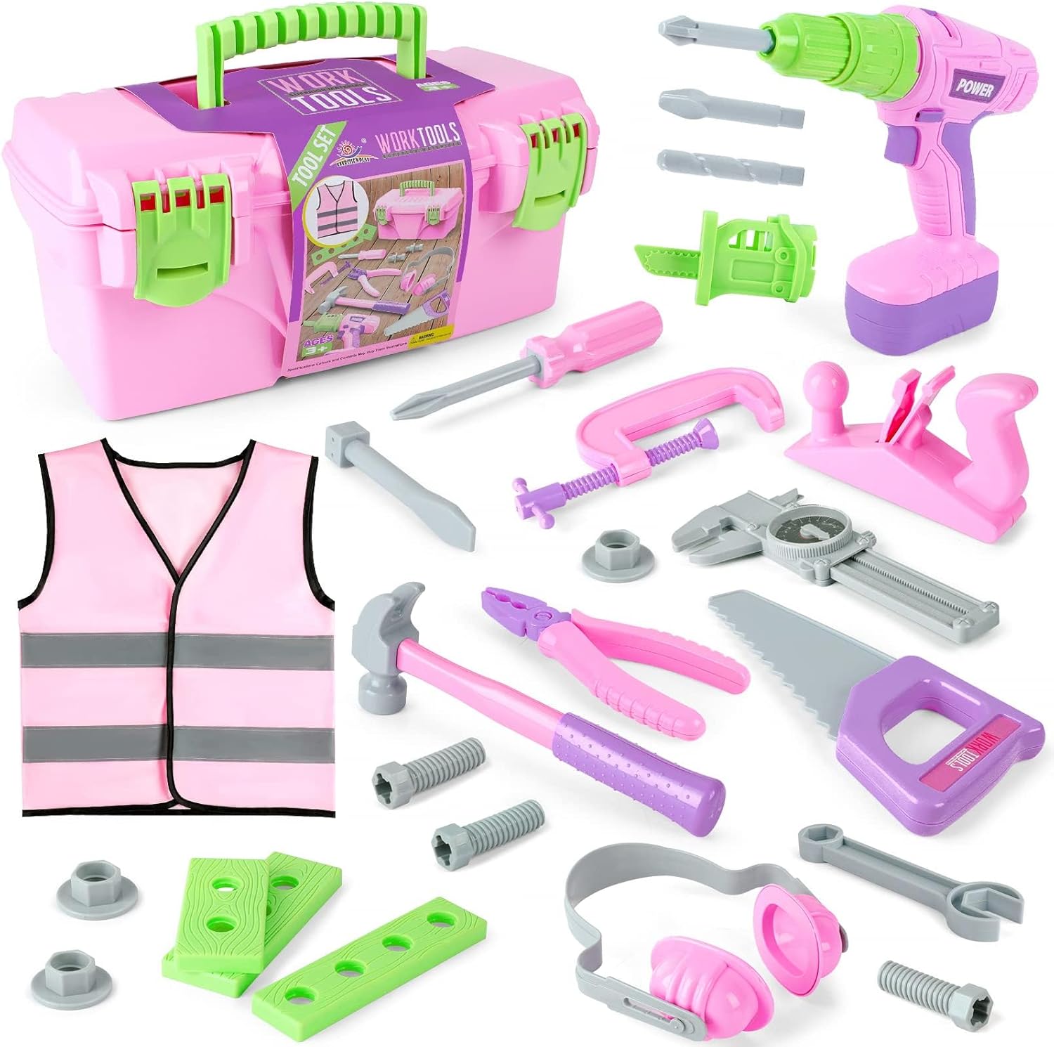 Kids Tool Set, Pink Toy Tool Set for Girls with Electric Drill, Hammer, Planer, Working Vest, with Storage Box, Construction Pretend STEM Toy Tool Kit for Toddlers Age 3 Years and Up