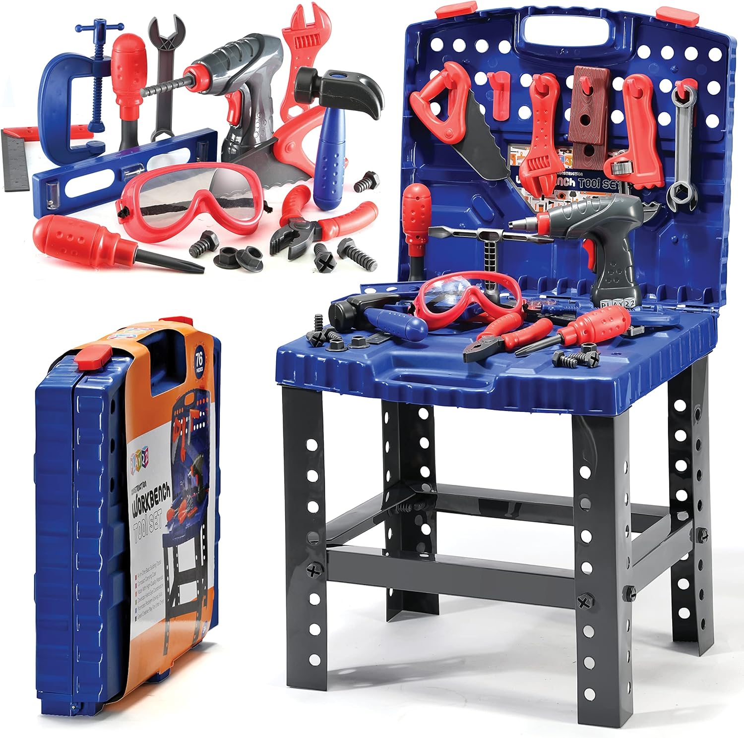 Play22 Kids Tool Set Bench 76 Pc - Toddler Tool Bench Set with Electronic Play Drill - Stem Educational Toy Pretend Play Construction Work Shop - Preschool Toy Gift for Kids Children Boys and Girls