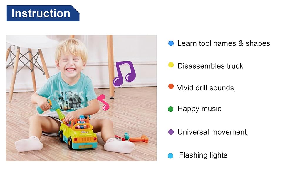 kids construction toy bump go truck musical toolbox flashing headlights removable wheel figure screw