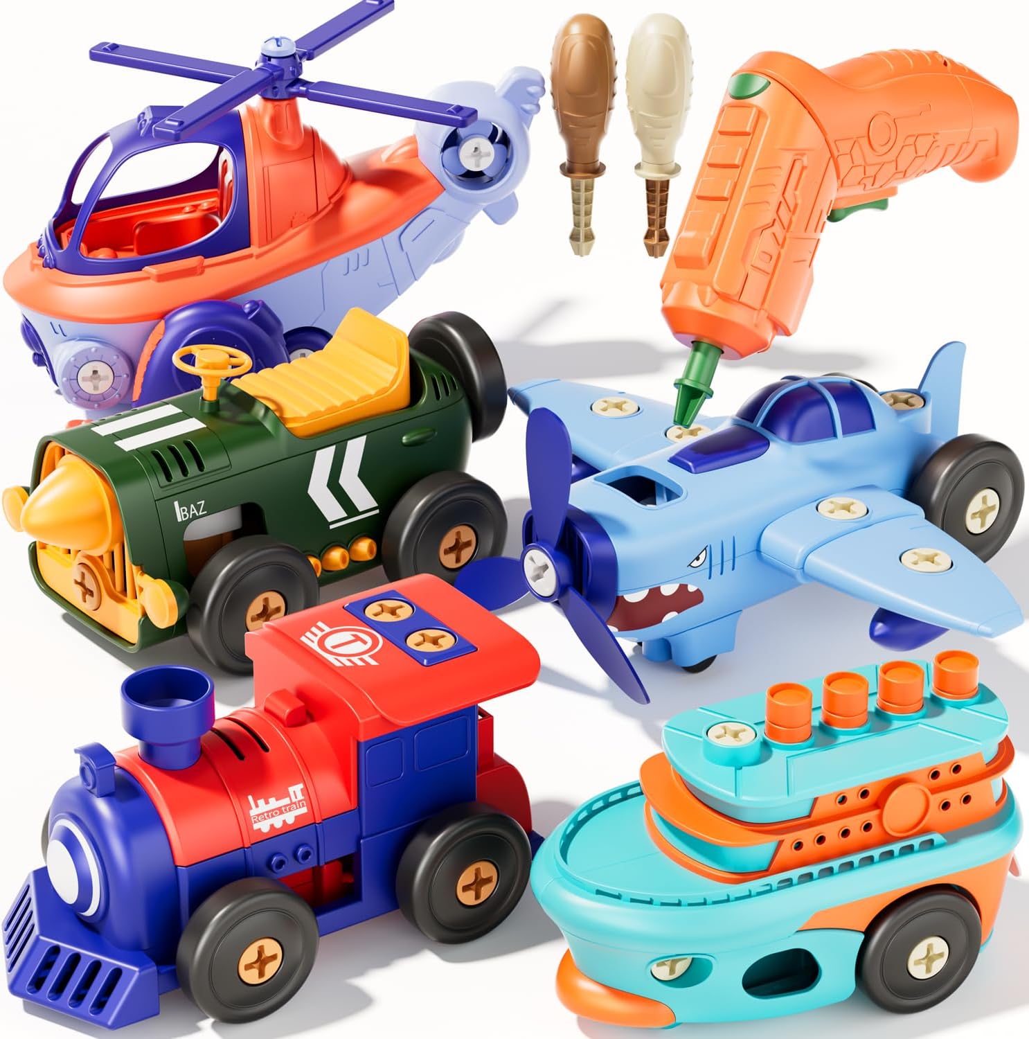 Take-Apart Electric Building Toys for kids ages 4-8, 5 Pcs Toys Cars Kids&toddler Tool Set with Motor & Electric Drill, STEM Educational building construction toys 3+ year old, Gift for Boys 3 4 5 6