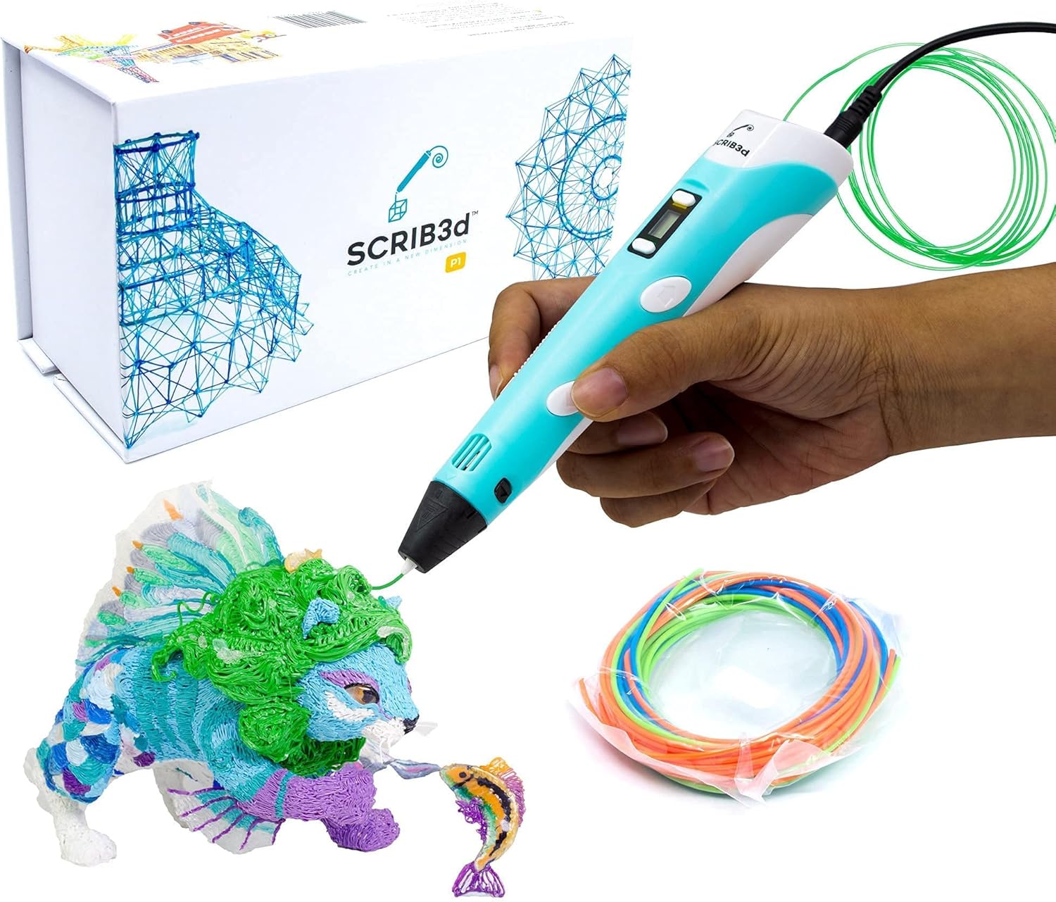 SCRIB3D P1 3D Printing Pen with Display - Includes 3D Pen, 3 Starter Colors of PLA Filament, Stencil Book + Project Guide, and Power adapter