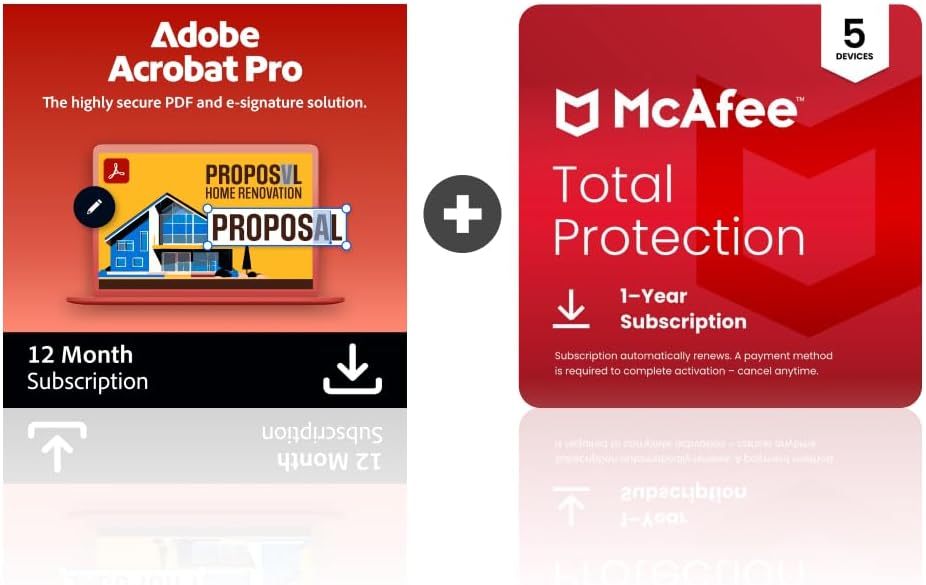 Adobe Acrobat Pro + McAfee Total Protection 5-Device Software Bundle | Create, Edit, E-Sign PDFs | Antivirus Software, Scam Protection, Identity Monitoring | 12-Month Subscription | Digital Download eBaydiy Tools