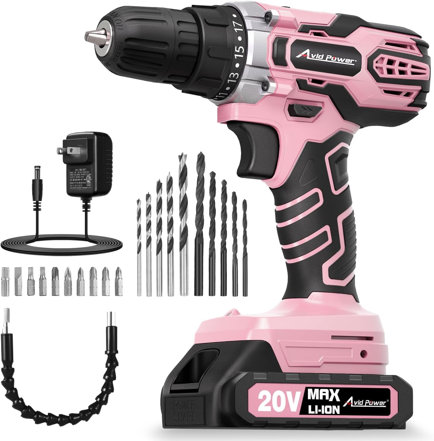 AVID POWER 20V MAX Power Drill Kit, Cordless Drill Set with Battery and Charger, 2 Variable Speed, 3/8-Inch Keyless Chuck, 19 Position and 22pcs Bits - Pink