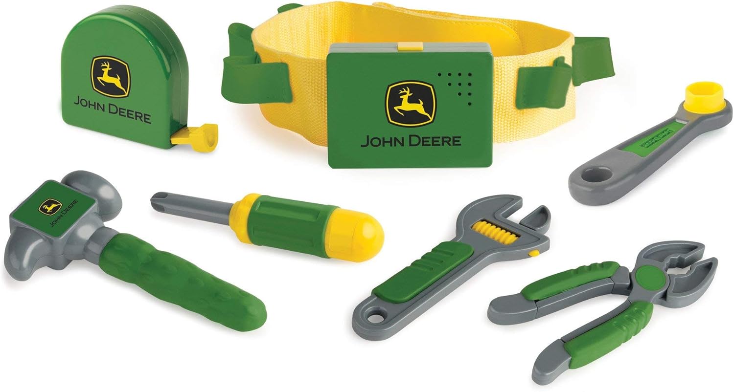 John Deere Deluxe Talking Toolbelt - 7-Piece Kids Tool Set - Interactive Construction Toys - Interactive Toddler Tools Playset - Green - 7 Count - Preschool Toys Ages 2 Years and Up