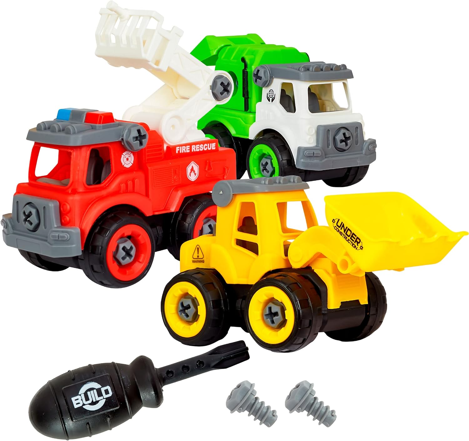 Power Gearz Take Apart Toy with Screwdriver and Screws- 3 Pack Truck Set for Boys and Girls- Fire Truck, Construction Garbage Trucks- Vehicle Set - Building Toys for Kids Ages 3-5