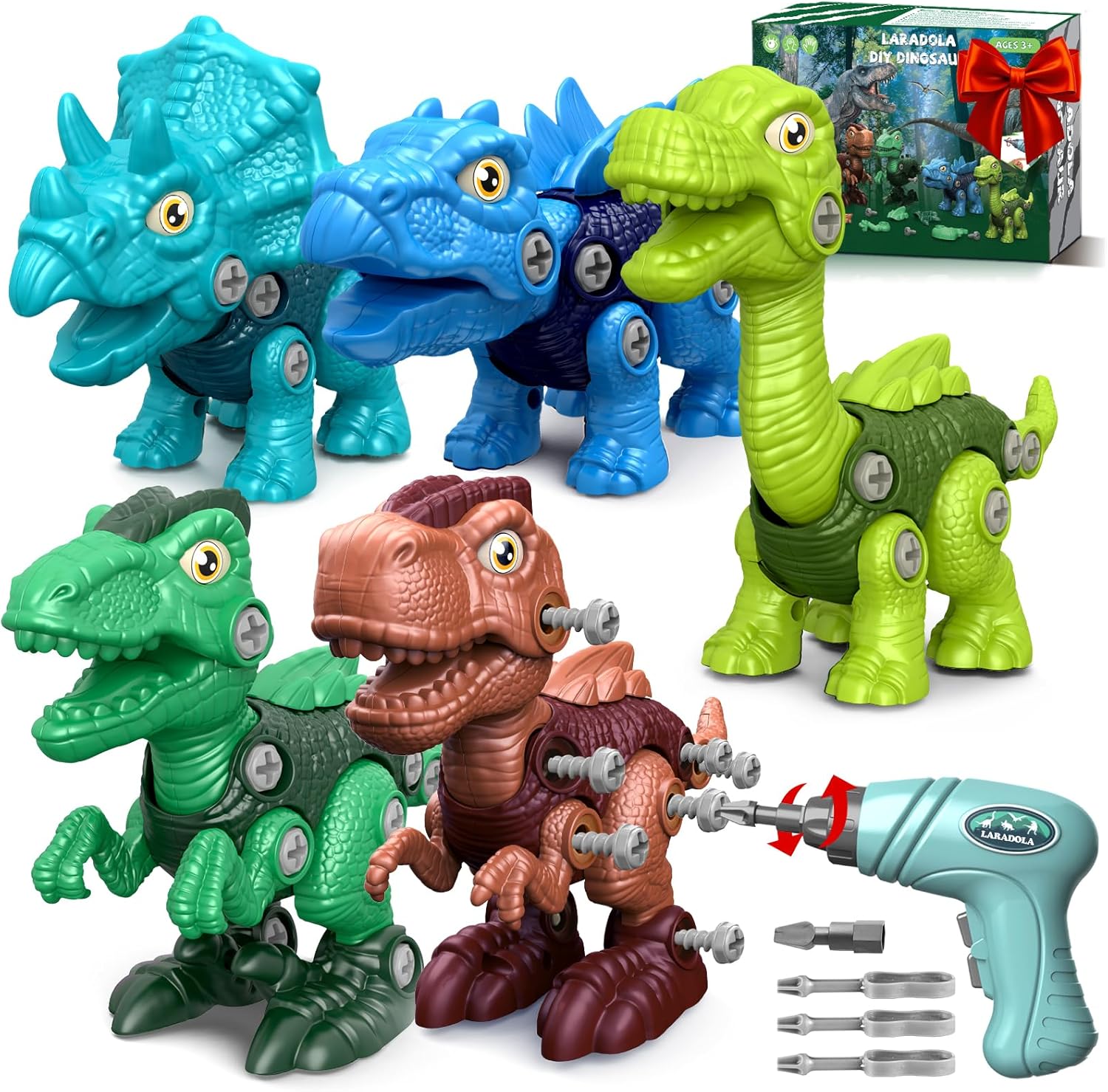 Laradola 5 Pack Stem Educational Dinosaur Toys with Wheels for Kids 3-8 Electric Drill Build Take Apart Creative Mix Assemble Toy for Preschooler Kindergardener Boys Girls Birthday