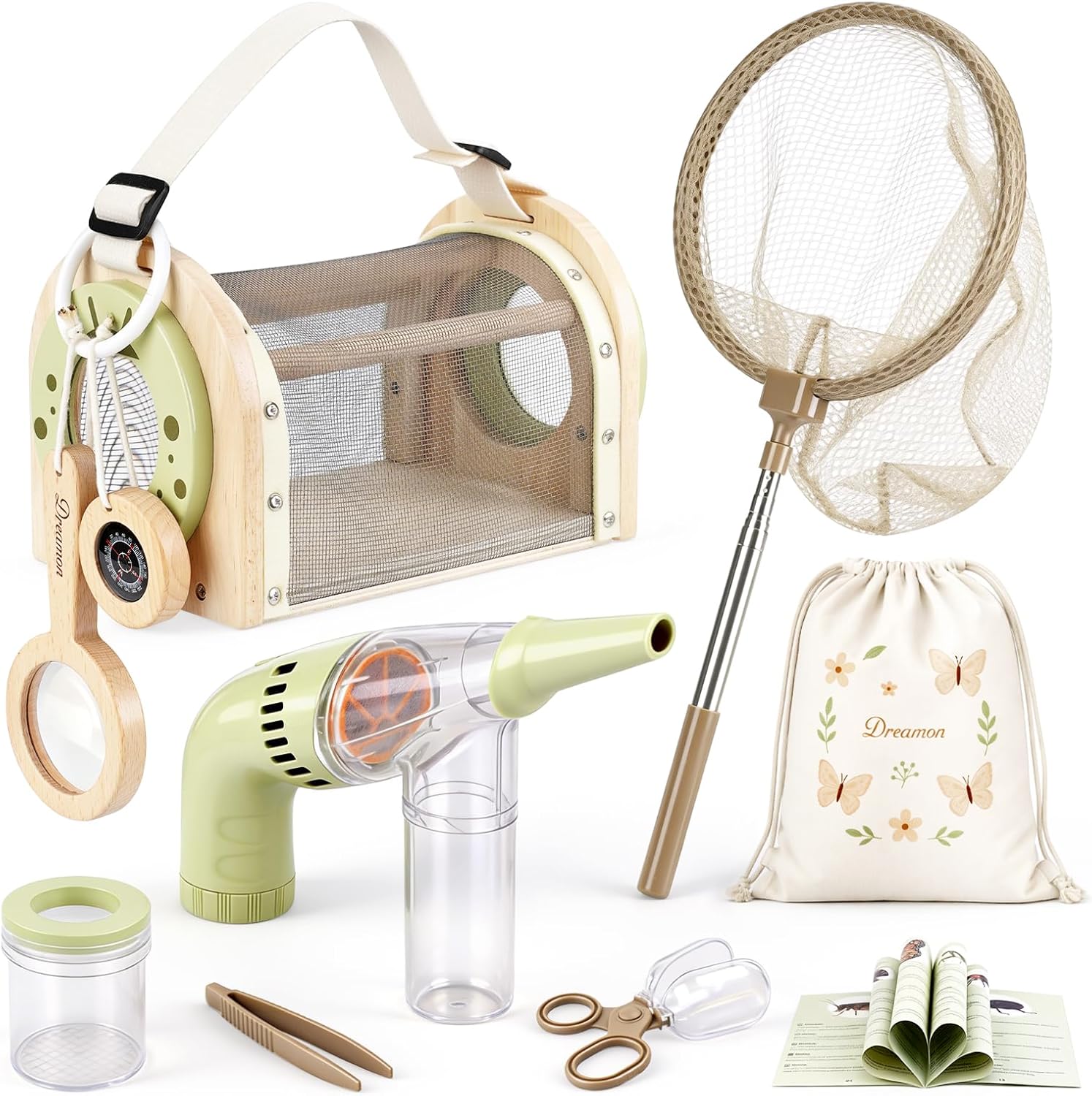 Dreamon Kids Bug Catching Kit, 11PCS Outdoor Toys for Kids Ages 4-8 | STEM Educational Toys Kids Explorer Kit with Wooden Bug Habitat, Bug Vacuum, Butterfly Net and Magnifying Glass