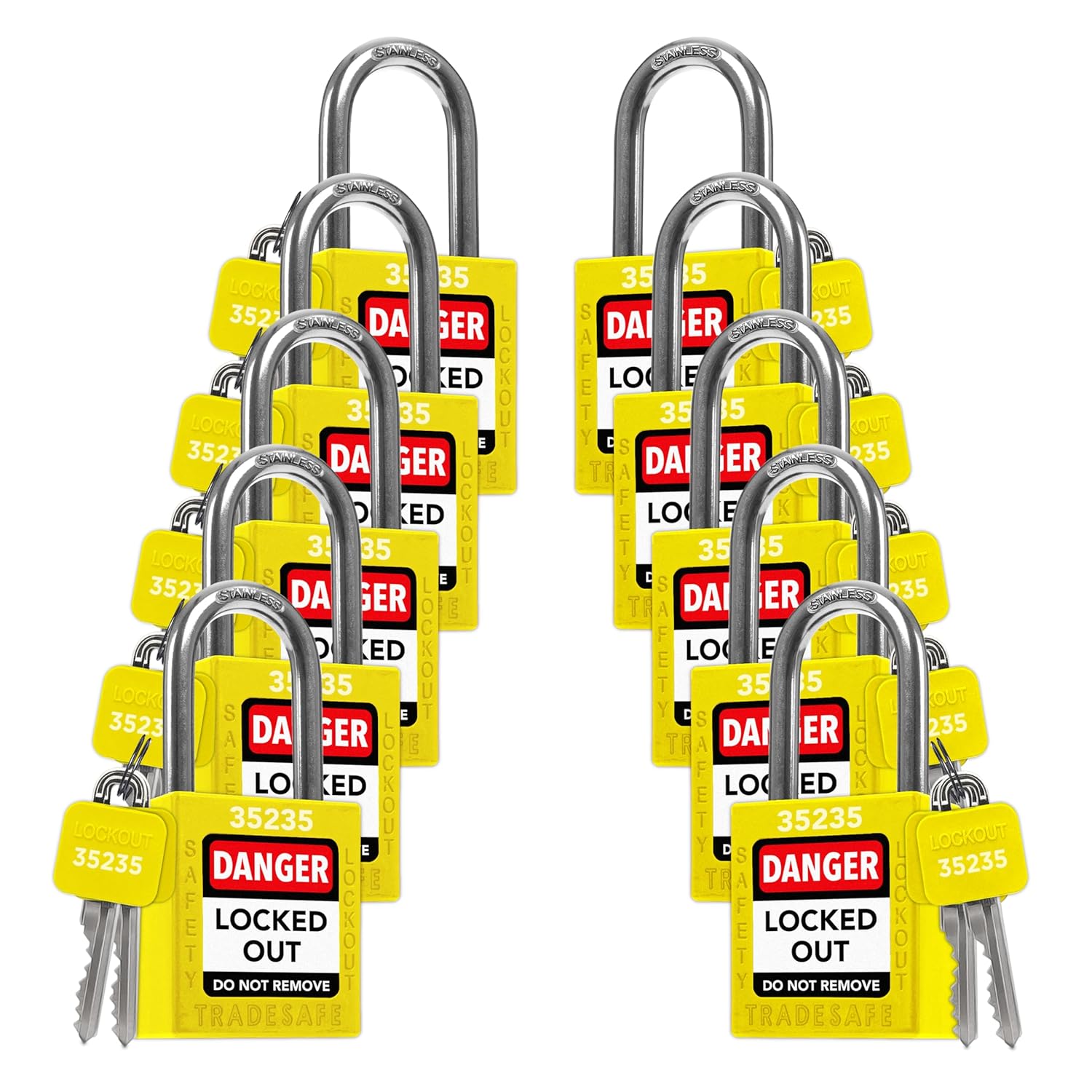 TRADESAFE Lockout Tagout Locks Set - 10 Yellow Keyed Alike Padlocks, 2 Keys Per Lock, OSHA Compliant Loto Locks