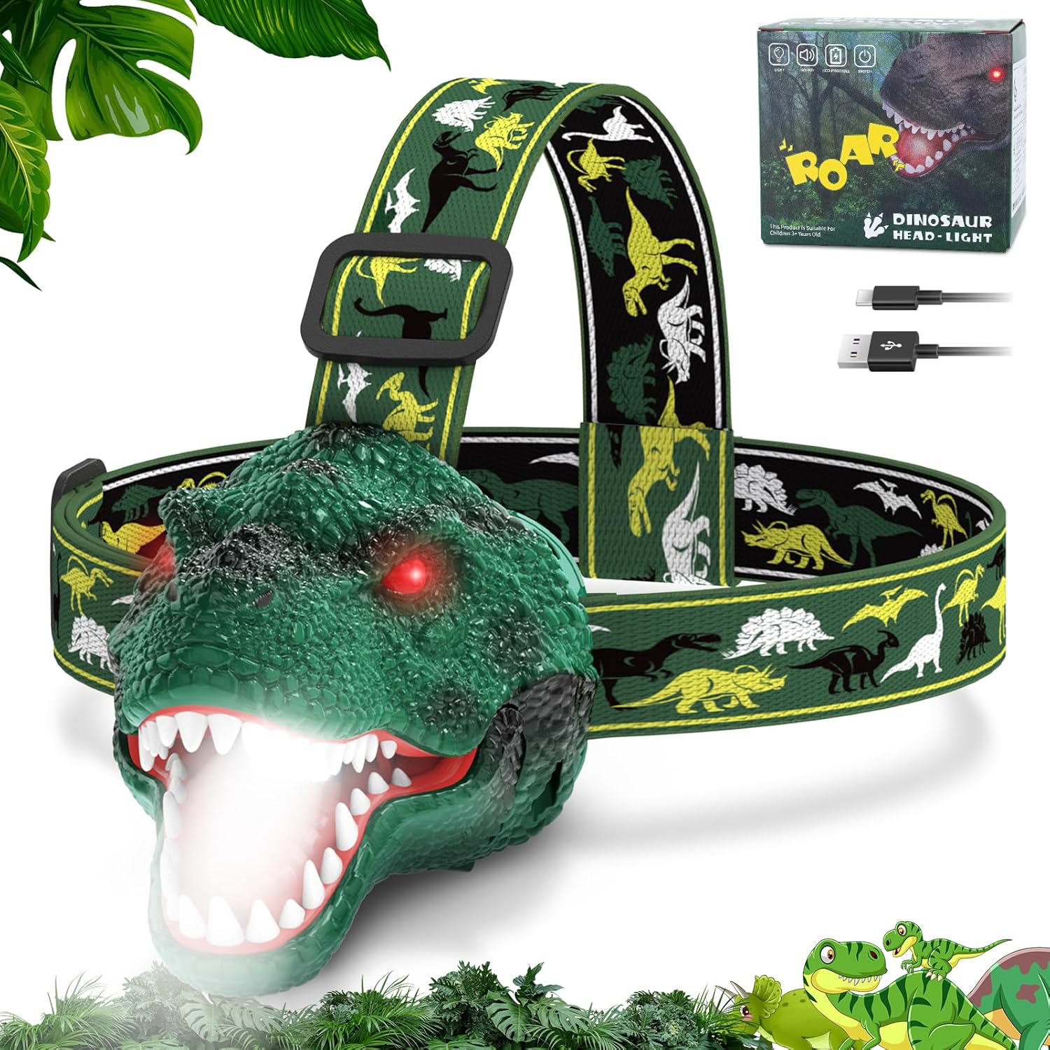 Dinosaur Headlamp for Kids Flashlight Rechargeable Led Dino Head Lamp Roar & Silent Mode, T-Rex Dinosaur Toys for Kids 3 4 5 6 7 8, Camping Gear, Easter Gifts for Boys Girls Adults