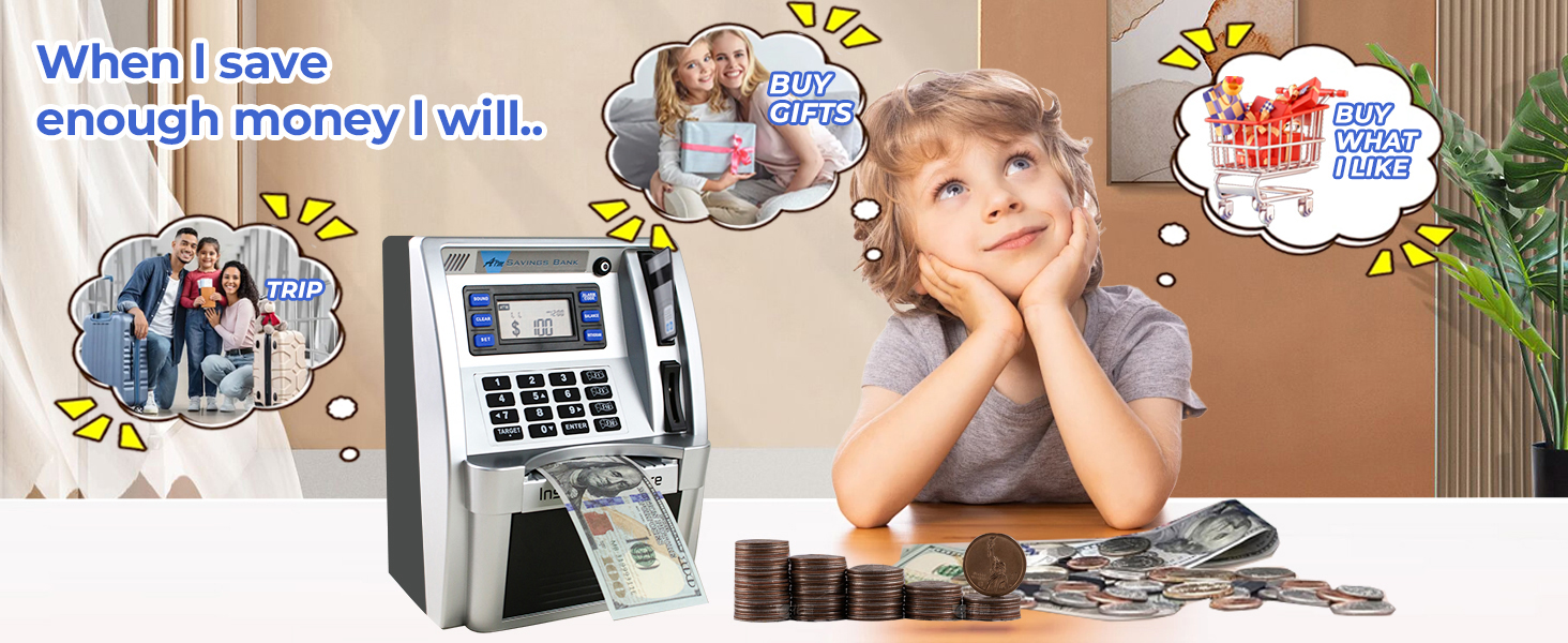 atm piggy bank for kids real money card coins and bills safe savings machine digital