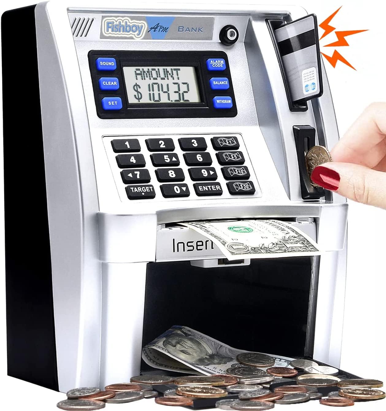 Fishboy ATM Piggy Bank for Kids with Power-Off Memory and Debit Card for Real Money, Onekey Shutdown, Coin Recognition, Target Setting, Bill Feeder, Balance Calculator, Savings Machine Box