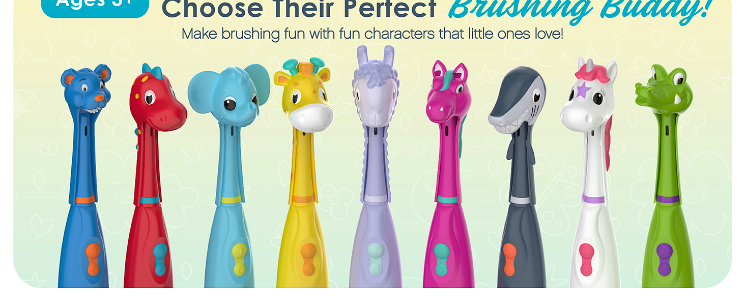 brusheez kids toothbrush kid safe beginners easy to use gentle fun characters
