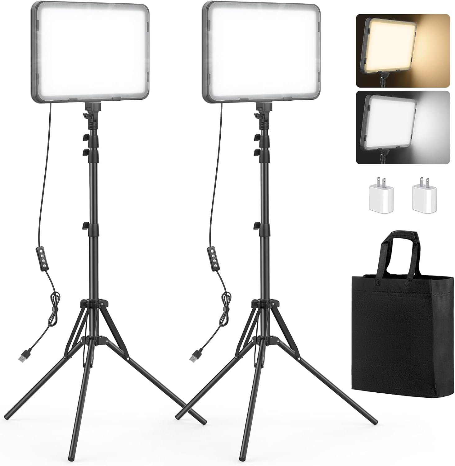 2 Pack LED Video Light with 63'' Tripod Stand, Kmasic 2500-8500K Dimmable Photography Lighting Kit,15W Soft Studio Lighting for Video Recording/Filming/Game Streaming/YouTube/Podcast, USB Charger eBaydiy Tools