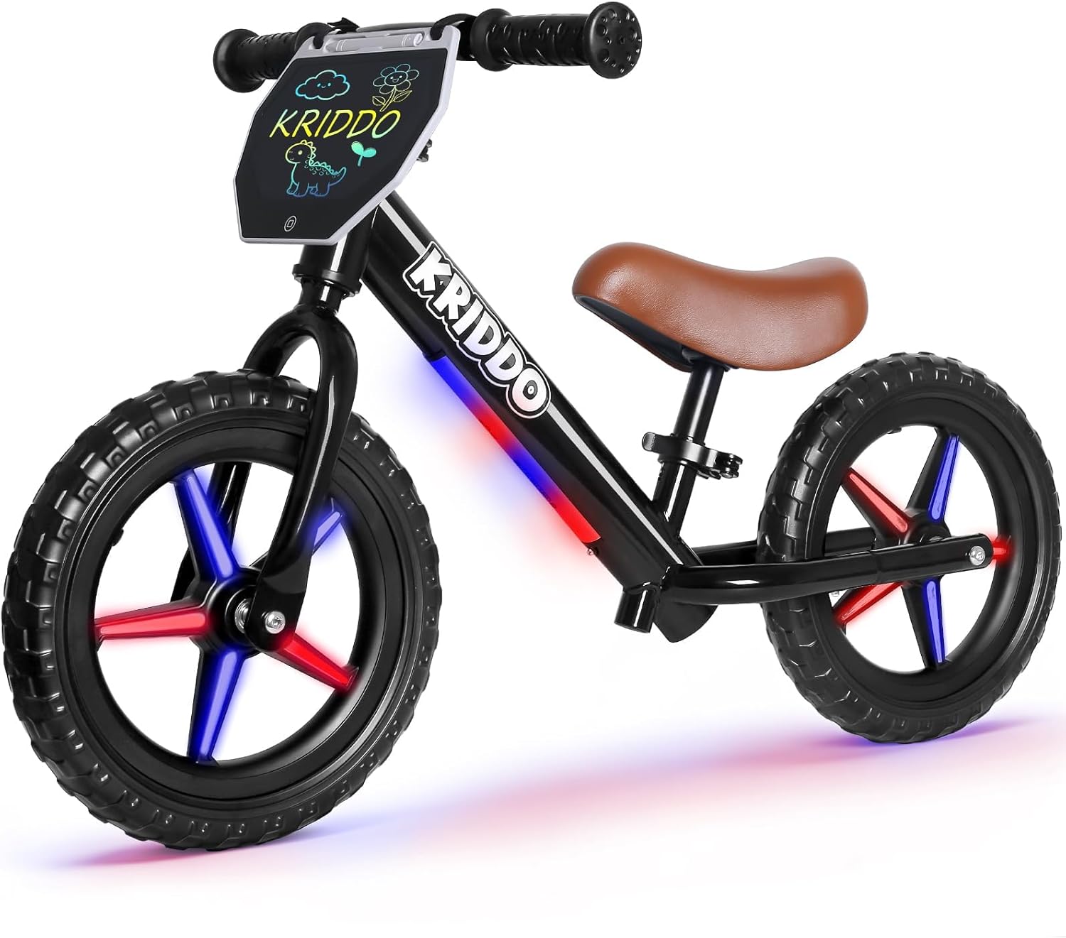 KRIDDO Toddler Balance Bike 2 Years Old, 12-Inch Colorful Lighting-Up Push Bicycle with LCD Writing Tablet, Steady Balancing, Gift Bike for 2-5 Boys Girls, LED-Black