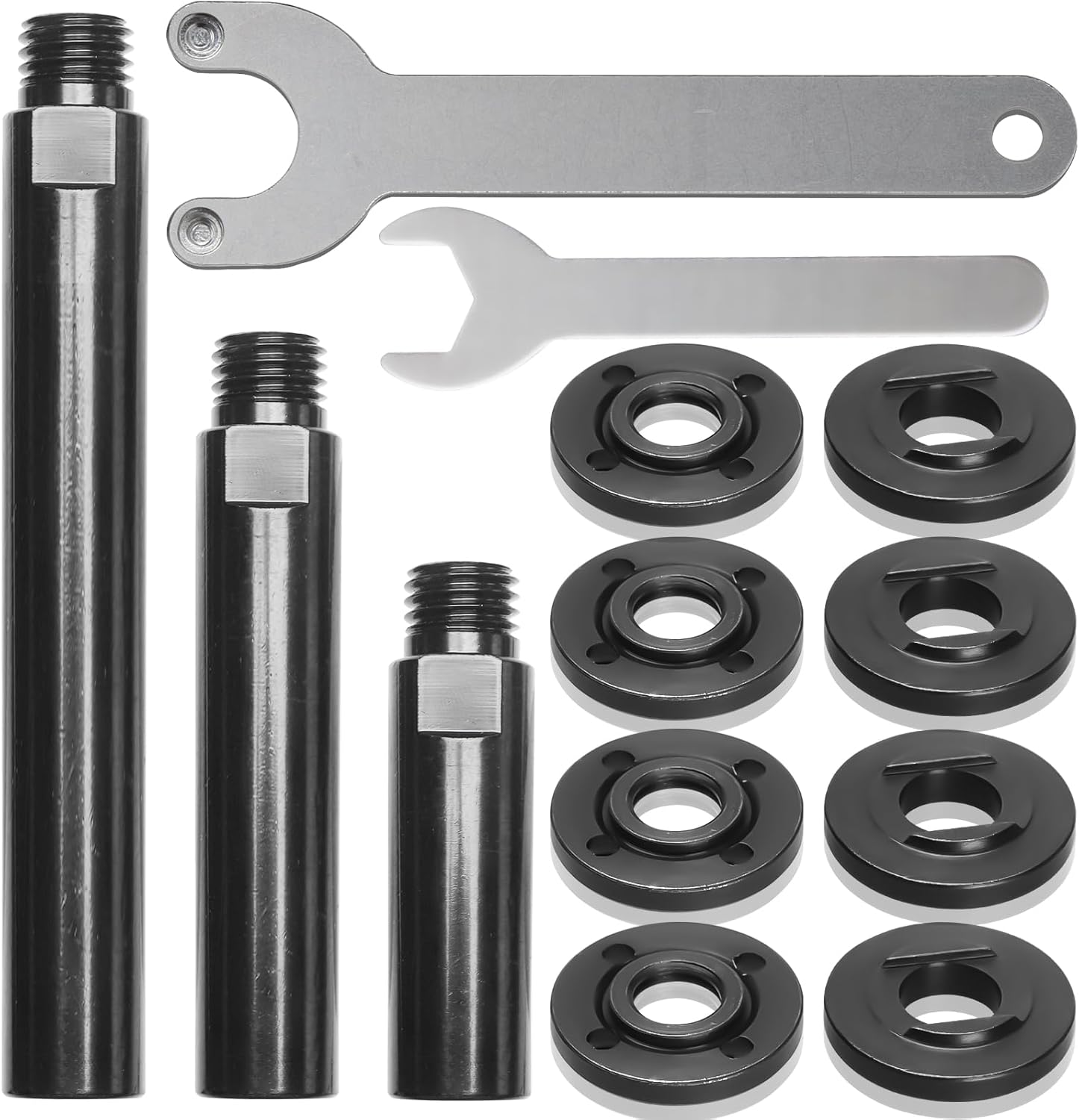 Angle Grinder Attachments Kit with 3 Extension Rods (5.5"/4"/3"), 4 Sets Flange Nut Assemblies & 2 Spanner Wrench - 5/8"-11 Thread Compatible with DeWalt Milwaukee Makita Bosch Grinder Accessories