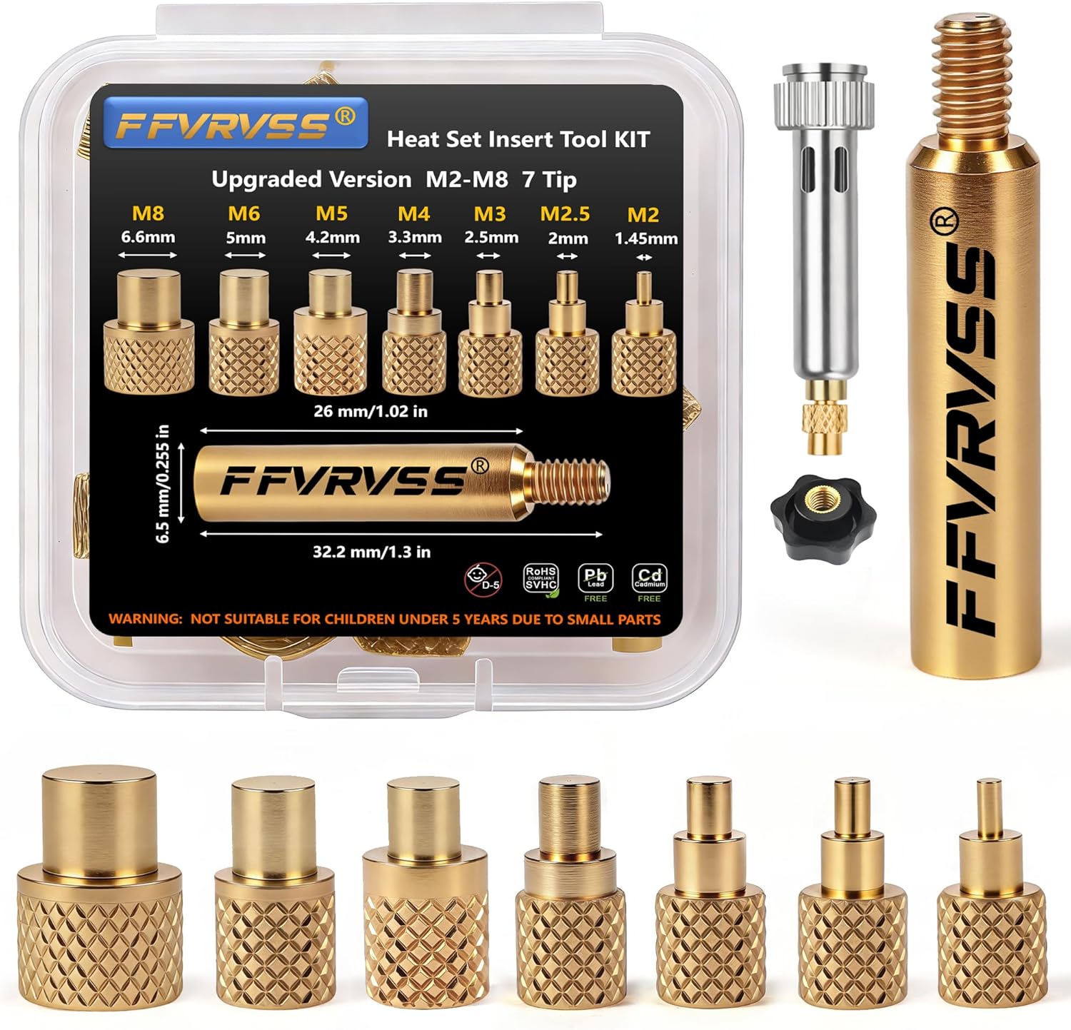 7x Soldering Tips/Heat Set Insert Tips - for Thread Inserts M2 M2.5 M3 M4 M5 M6 M8 Soldering Iron Adapter Compatible 900M/T18/FX-888D,More affordable Plastic 3D Printer Components Tool kit