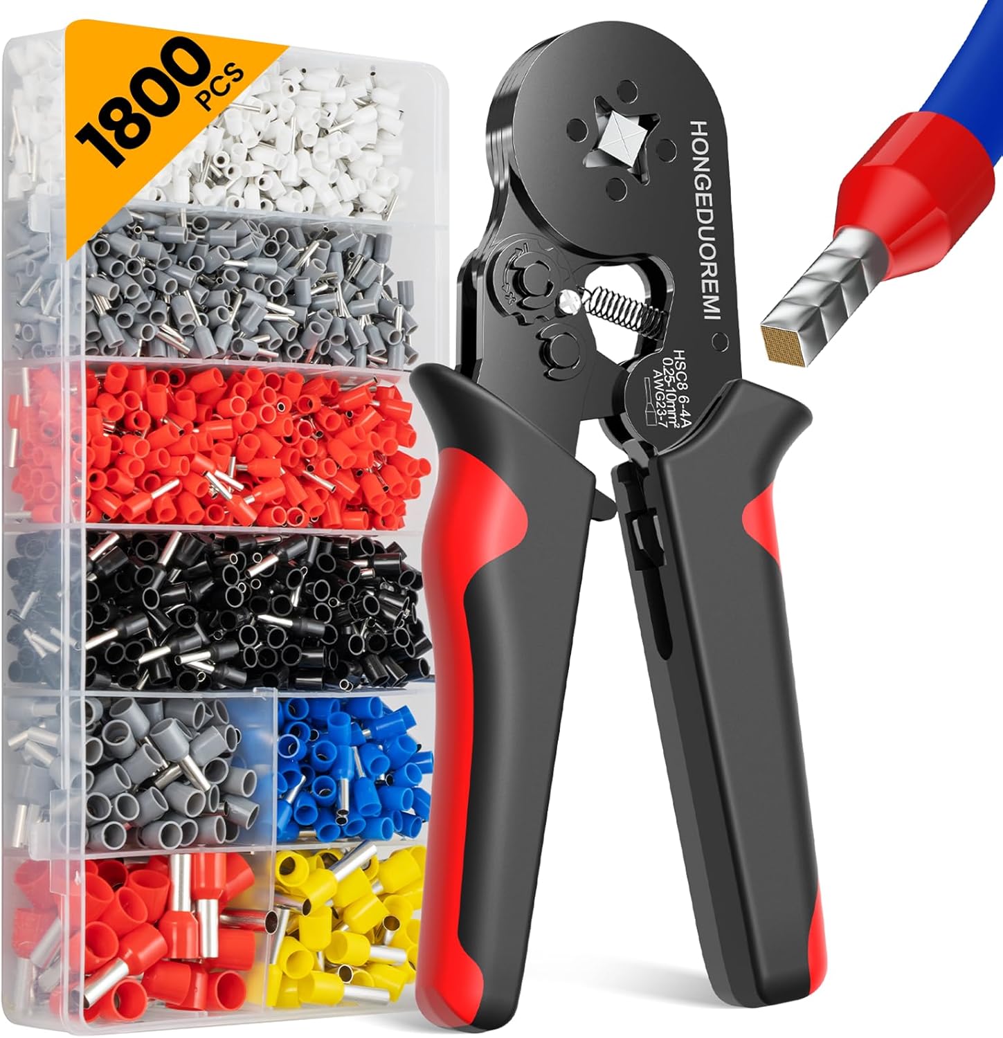 Ferrule Crimping Tool Kit,Wire Ferrule Kit Crimper Connectors,4 corners Self-adjustable AWG23-7 gauge 1800PCS Ferrules Electrical Terminal,Crimpers Tools Pin Terminals Ratchet Pliers for Audio,Car,DIY eBaydiy Tools