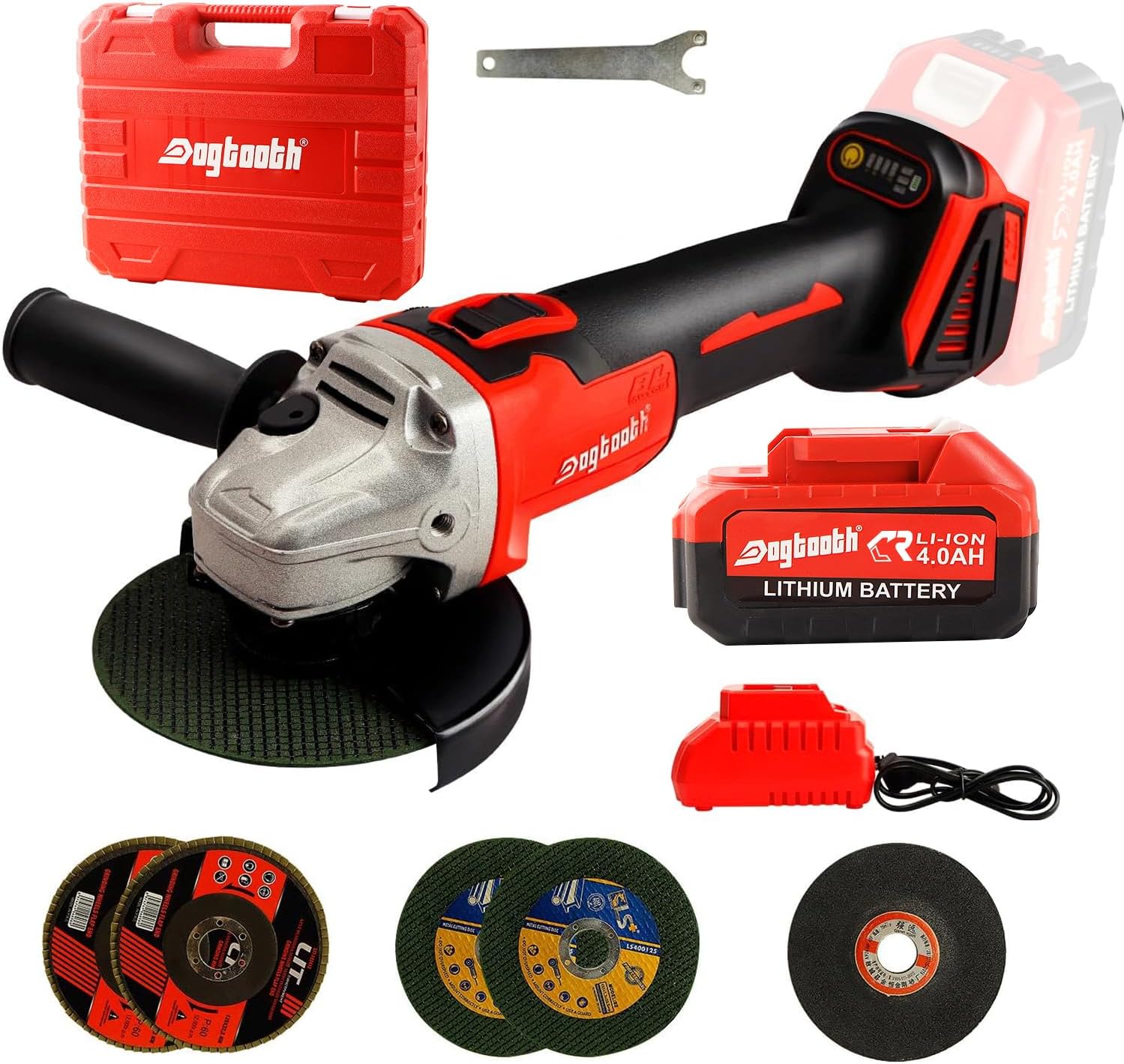 DOGTOOTH 21V 4-1/2'' Brushless Cordless Angle Grinder Kit, Max 10000 RPM, Compatible with Makita 18V Battery, 1 * 4.0 Ah Battery, Charger, 4 Cutting&Grinding Discs and Carry Case
