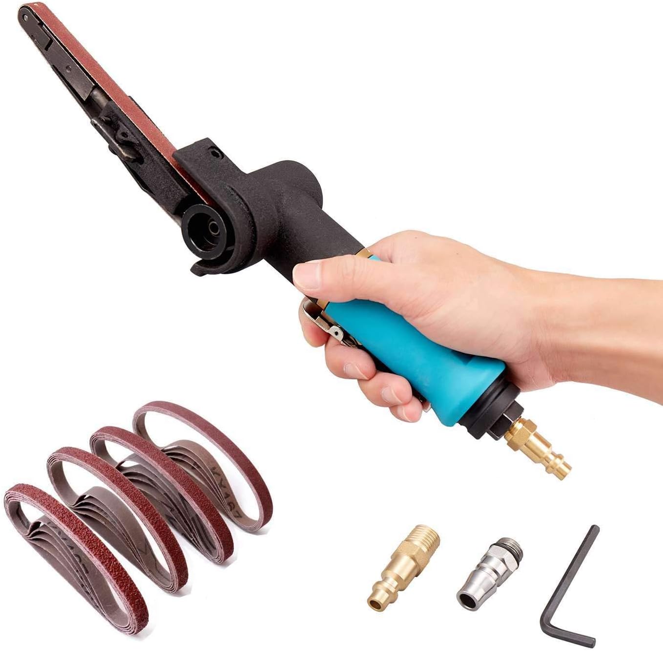 Pneumatic Tool Air Belt Sander,1/4" Air Inlet,Air Belt Sander (3/8" x 13") with 12pc Belts (#40,#60,80#,120#),3/8" Air Belt Grinder For Aluminium, Iron, Steel And Etc. Metal Polishing