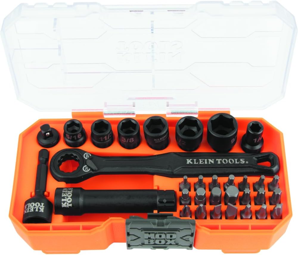Klein Tools 65300 KNECT 32-Piece Pass Through Socket Set, SAE Impact Set with MODbox Case, 1/4-Inch Drive, Sockets, Bits and Accessories