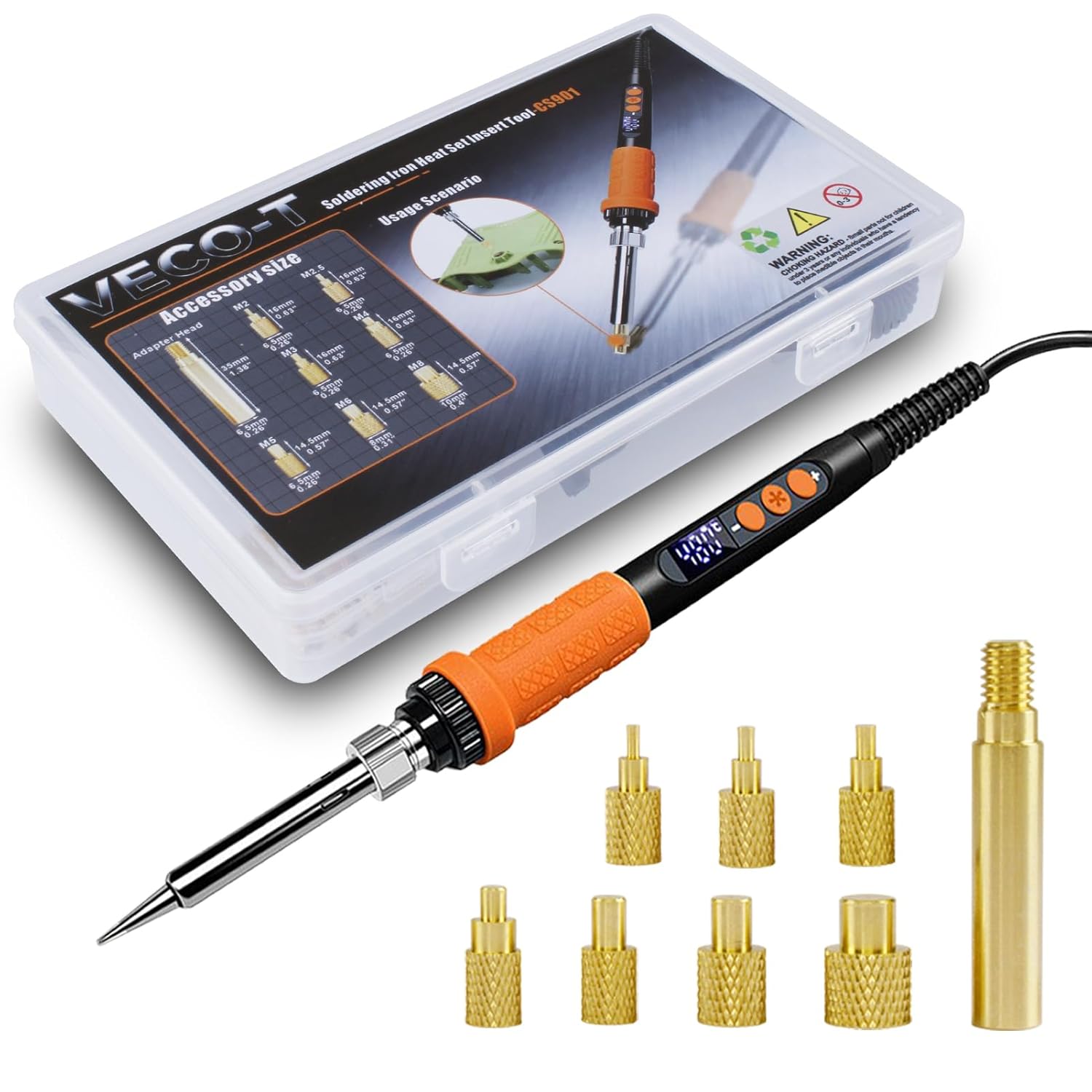 CS901 Heat Set Insert Tool Kit, 90W Digital Soldering Iron with 180-500℃ LCD Temp & Threaded Inserts M2 M2.5 M3 M4 M5 M6 M8 for Plastic 3D Printing, Compatible with Heat Set Tasks