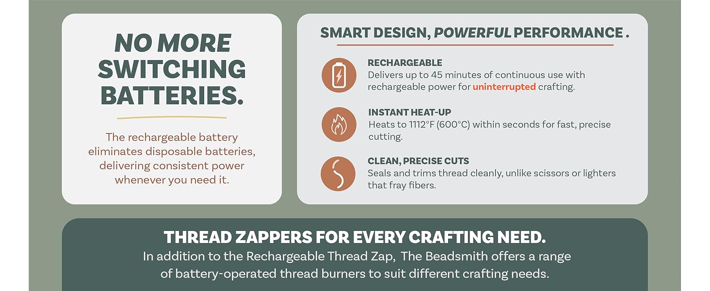instant heat, clean cuts without frays, and rechargeable. No more batteries required!
